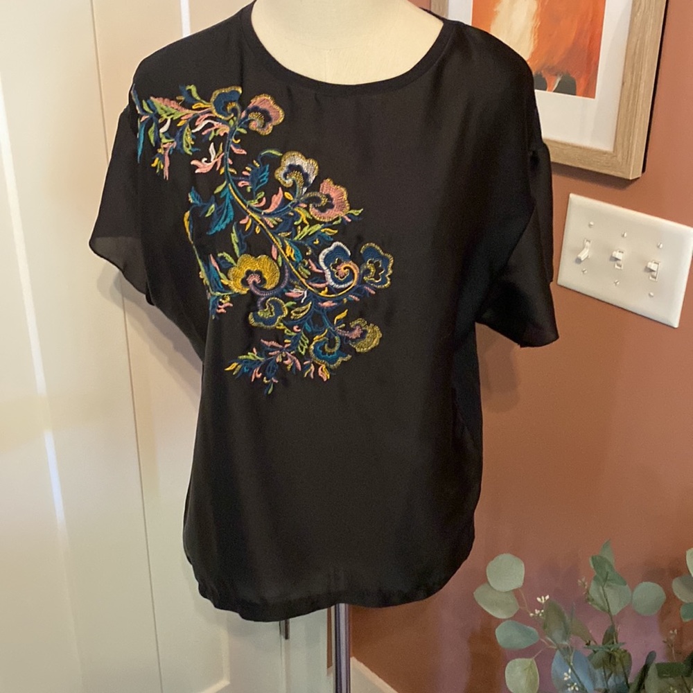 Zara multicolored embroidered floral black cotton blend short sleeve M shirt